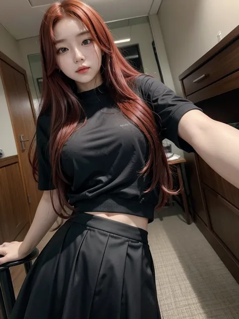  Korean with long red hair, No blouse, Black Skirt, Selfie 