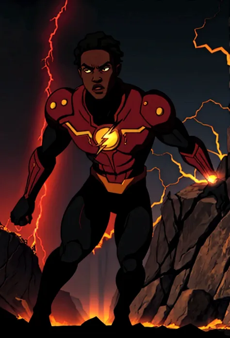 a realistic depiction of a 22-year-old african american barry allen, a.k.a. the flash, running through an apocalyptic world, det...