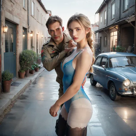 dystopian style , post-apocalyptic,  dramatic, highly detailed, stunningly beautiful European girl standing , cute looking girl ,, handsome man with military costume hugs from behind her , wreck cars garage ,cars lights are on , dark floor like mirror , re...