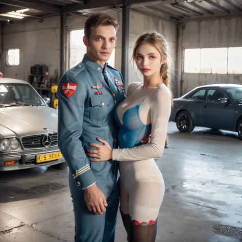 dystopian style , post-apocalyptic,  dramatic, highly detailed, stunningly beautiful European girl standing , cute looking girl ,, handsome man with military costume hugs from behind her , wreck cars garage ,cars lights are on , dark floor like mirror , re...