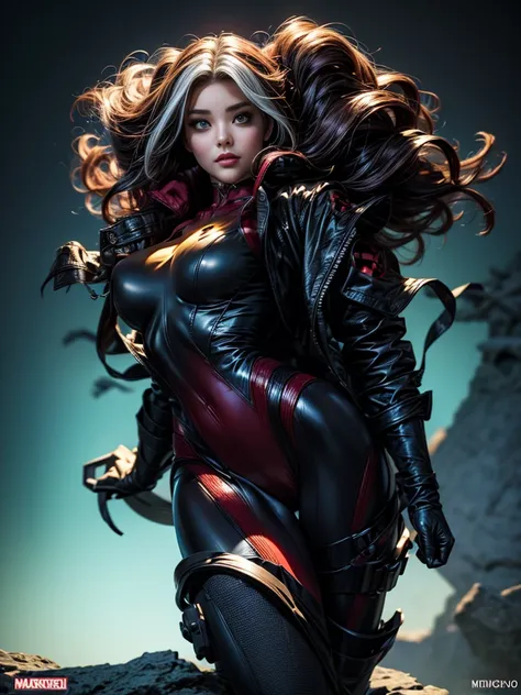 Miranda Kerr、masterpiece、High quality 4K、villain (X-Men)、Gothic Girl、Sculpted Body Gothic Makeup、Black jacket、Red and blue bodysuit、masterpiece、Highest quality、Cowboy Shots、One personの女の子、One person、Technology Military Bodysuit、fringe