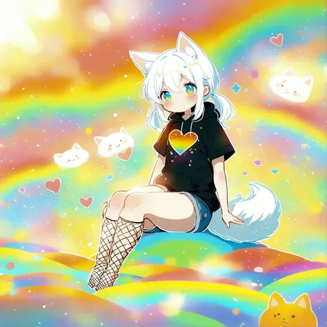 a cute adult male with wolf ears, long white hair, long locks, has a wolf tail, wearing a loose cropped black hoodie, wearing a pair of denim short shorts and fishnet stockings, thick thighs, wide hips, relaxing on mound of fluffy multi colored kawaii plus...