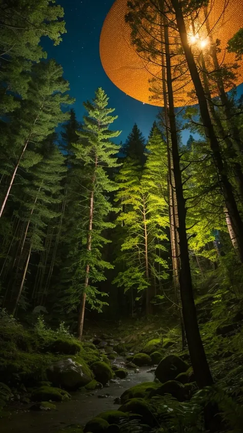 In the forest at night、A UFO was hovering high above the ground, emitting a dazzling light.　The UFO has five small windows and is an Adamski type that glows orange.。With mysterious images