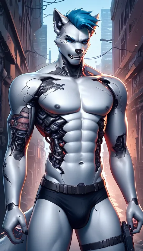 (score_9, score_8_up, score_7_up, score_6_up) BREAK (furry, source furry, uploaded on e621) BREAK robot, android, android skin, barcode tattoos on the body, (broken neck:1.2, damaged belly:1.2, cracked arms:1.2), cracked chest, solo, male, adult, nude, ath...