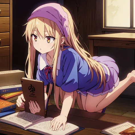 anime girl, shiina mashiro, mashiro, anime sakurasou, long blonde hair, orange eyes, unimpressive, , witch outfit, magic book, w...