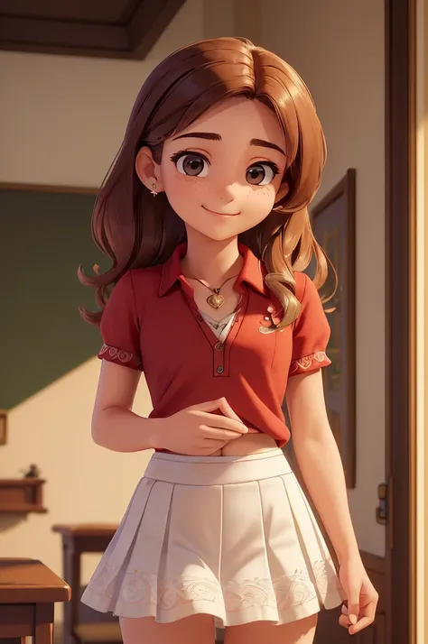 (A small chest:1.3),(Masterpiece, Best quality:1.4), (Beautiful, Aesthetic, Perfect, Delicate, Intricate:1.2),((Best quality)), ((Masterpiece)), (Detailed),(A high resolution:1.2), Classroom, An adult female, Smiling Claudia Chever, Red shirt, White skirt,...