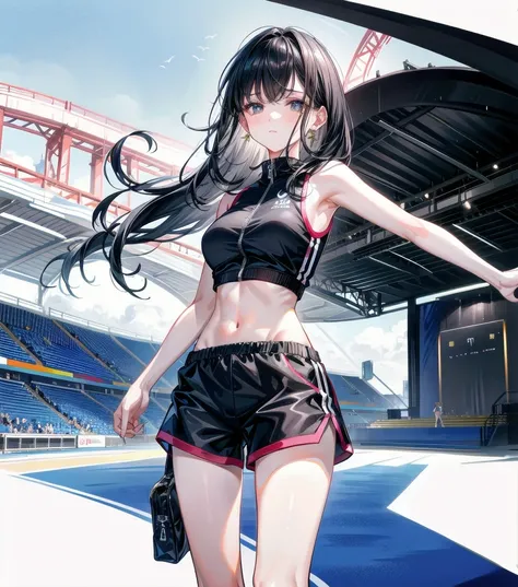 full body, delicate facial features, medium tits, medium hair, black hair, tearful mole, earring, tracksuit, (sleeveless, bare arms), shorts, stadium,