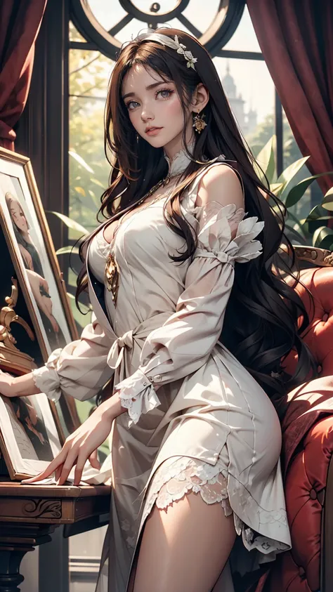 A girl in a white lace dress with Leonardo da Vinci&#39;s notes in the background、Image of À la Fed, A stunningly young and elegant person, Magical Girl Portrait, Portrait of a Young Witch girl, Girl in steampunk clothes, Musician girl in lace clothes, Nat...