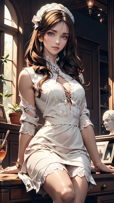 A girl in a white lace dress with Leonardo da Vinci&#39;s notes in the background、Image of À la Fed, A stunningly young and elegant person, Magical Girl Portrait, Portrait of a Young Witch girl, Girl in steampunk clothes, Musician girl in lace clothes, Nat...