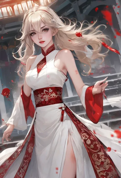 a beautiful female vampire wearing a (blood stained white Cheongsam: 1.5), an extremely beautiful female vampire, ultra detailed face, blond hair, long hair, wavy hair, dark glamour make up, pale skin, red lips, glowing red eyes, visible vampiric fangs, sh...