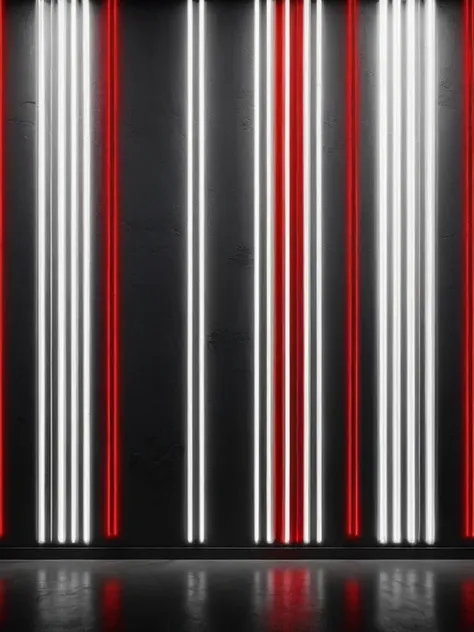 (plain white background), symbology neon lights vertical stripes drawn on the wall, Red color, black and dark gray, scary environment.