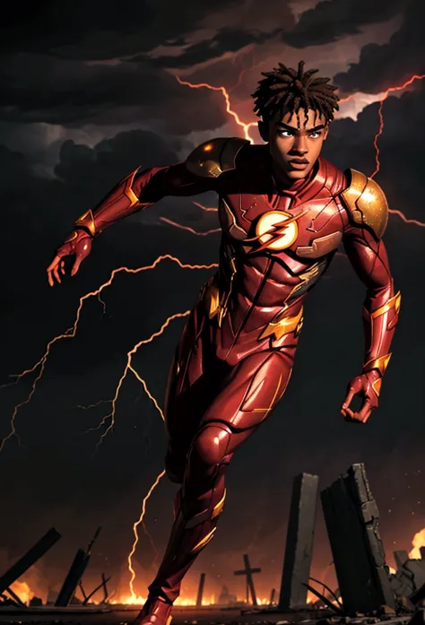 a realistic depiction of a 22-year-old african american barry allen, a.k.a. the flash, running through an apocalyptic world, det...