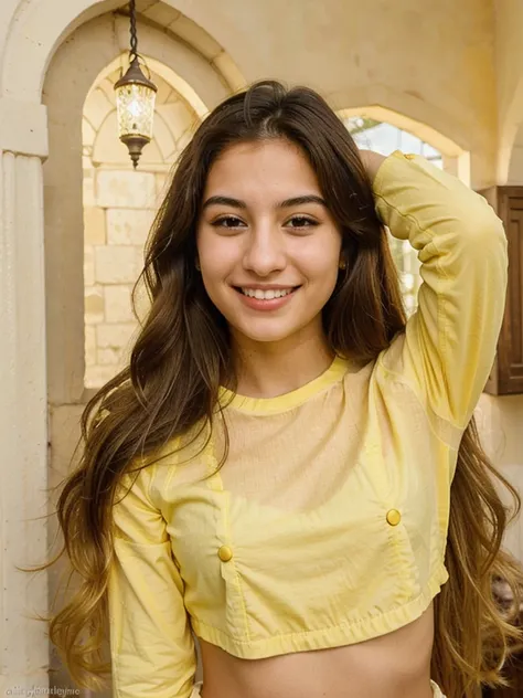 20YO, small nose, one women,attractive, Jordanian, Arab, Bright Yellow shirt, cute smile, cute face, white teethes, skinny face, light brown eyes, black/blonde long hair