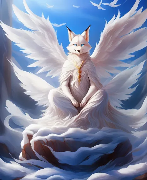 falvie 
asian_mythology east_asian_mythology mythology 
canid canine fox mammal will-o-the-wisp 
2017 digital_media_(artwork) 
ambiguous_gender blue_eyes detailed_background feral fox_spirit fur kitsunebi multi_tail paws shrine sitting smile solo tail whit...