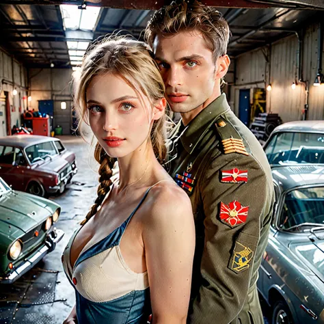 dystopian style , post-apocalyptic,  dramatic, highly detailed, stunningly beautiful European girl standing , cute looking girl ,, handsome man with military costume hugs from behind her , wreck cars garage ,cars lights are on , dark floor like mirror , re...