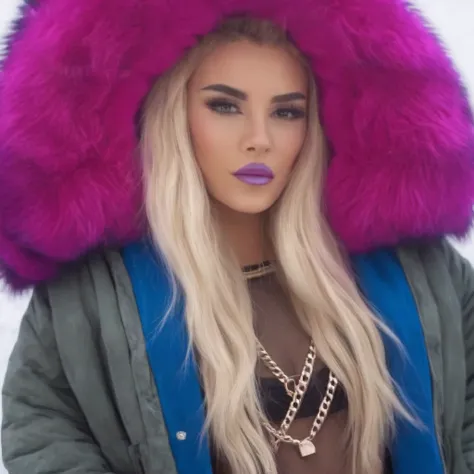 Create a high-definition full body image, glossy image of era estrefi wearing a large russian coat with a purple trim fur collar and denim shorts. Ensure her face is flawless, with captivating eyes and a seductive grin. she has purple lips and blue eyes, E...