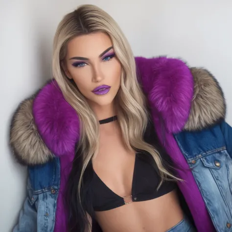 Create a high-definition full body image, glossy image of era estrefi wearing a large russian coat with a purple trim fur collar and denim shorts. Ensure her face is flawless, with captivating eyes and a seductive grin. she has purple lips and blue eyes, E...