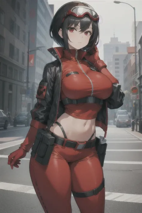 Masterpiece, best quality, 1girl, solo, black hair, short hair, red eyes, looking at viewer, (techwear jacket:1.3), red gloves, red utility pants, goggles on head, utility belt, (perfect breasts:1.3), facing viewer, ((red shirt)) mature female, big bust, n...