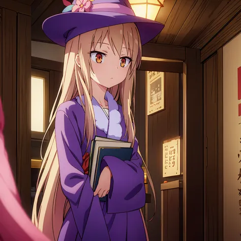 
Anime girl, Shiina Mashiro, Mashiro, Anime Sakurasou, long blonde hair, orange eyes, unimpressive, , witch outfit, magic book, Wooden room, Pictures, posters