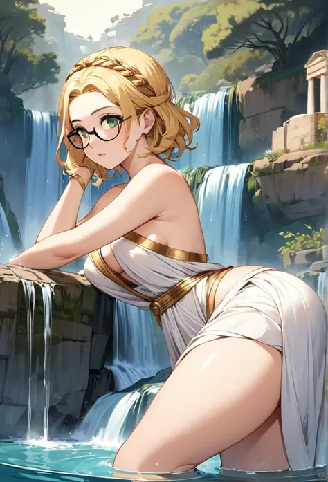 chubby girl, Blonde with green eyes, medium length hair, open forehead, round facial features, glasses with black square frames 
Greek goddess, Greek style of dress, ancient Greece,sexy, bare breasts, bare hips 
water, waterfall, antiquity 