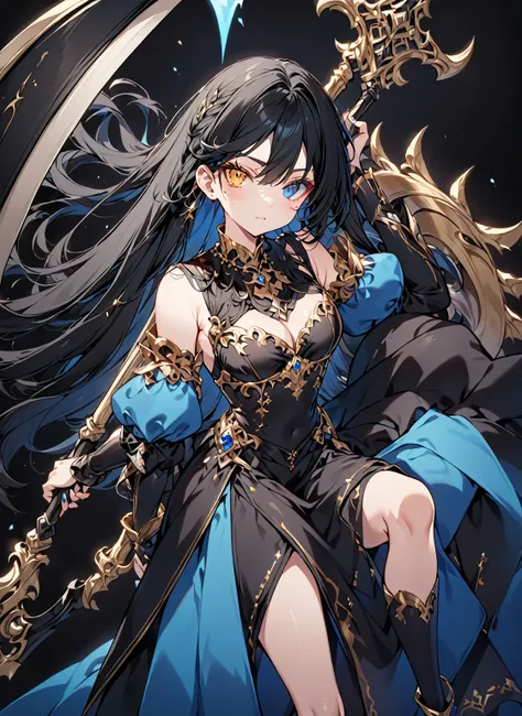 Anime girl, black hair with blue gradient at the tips, eyes with blue and gold heterochromia, blue and black Renaissance dress with gold details, carrying a scythe, on a black background