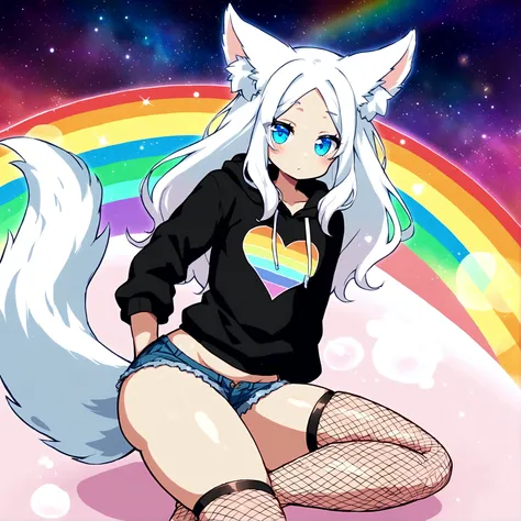 a cute adult male with wolf ears, long white hair, long locks, has a wolf tail, wearing a loose cropped black hoodie, wearing a pair of denim short shorts and fishnet stockings, thick thighs, wide hips, relaxing on mound of fluffy multi colored kawaii plus...