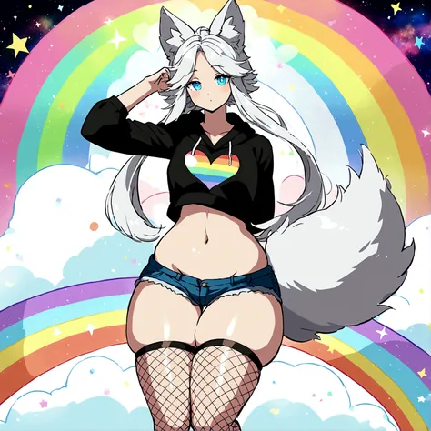 a cute adult male with wolf ears, long white hair, long locks, has a wolf tail, wearing a loose cropped black hoodie, wearing a pair of denim short shorts and fishnet stockings, thick thighs, wide hips, relaxing on mound of fluffy multi colored kawaii plus...