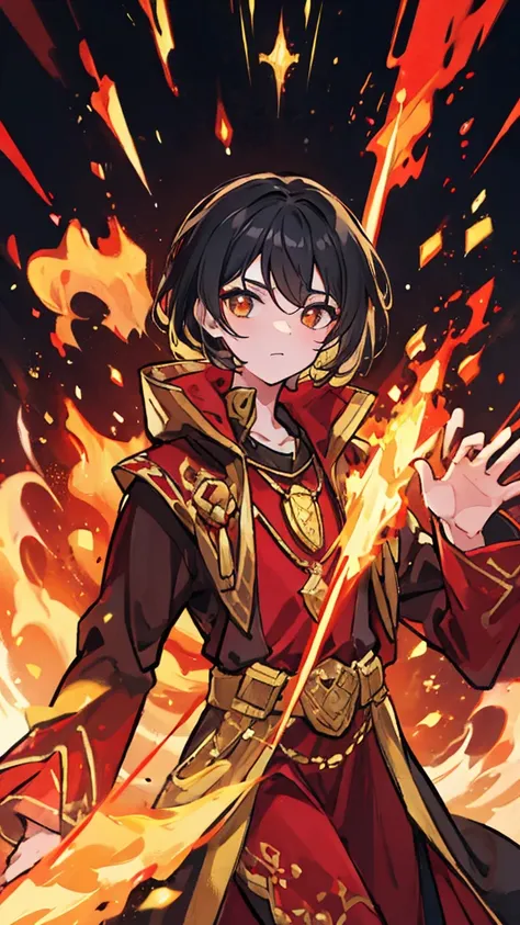 Human, man, mage, young, black hair, red pendant, red and gold robe, lance, fire in lance tip, ashes background