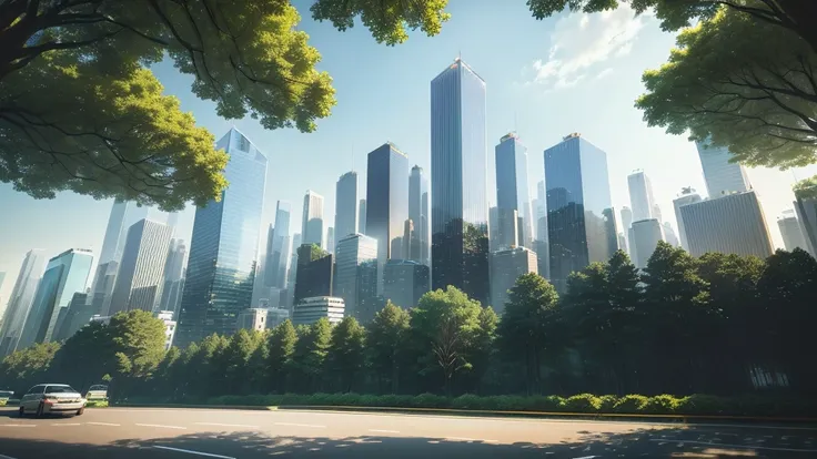 Trees line the street in front of a city skyline with tall buildings., Skyscrapers with greenery, city buildings above trees, Tall buildings on the sides, Endless forest of tall buildings, tall buildings in the background, High-rise buildings, with tall gl...