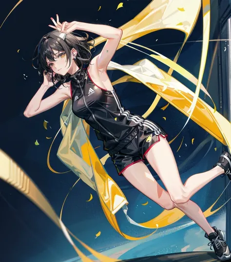 full body, delicate facial features, medium tits, medium hair, black hair, tearful mole, earring, tracksuit, (sleeveless, bare arms), shorts, stadium,