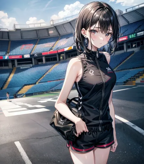 full body, delicate facial features, medium tits, medium hair, black hair, tearful mole, earring, tracksuit, (sleeveless, bare arms), shorts, stadium,