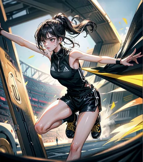 full body, delicate facial features, medium tits, medium hair, black hair, tearful mole, earring, tracksuit, (sleeveless, bare arms), shorts, stadium,