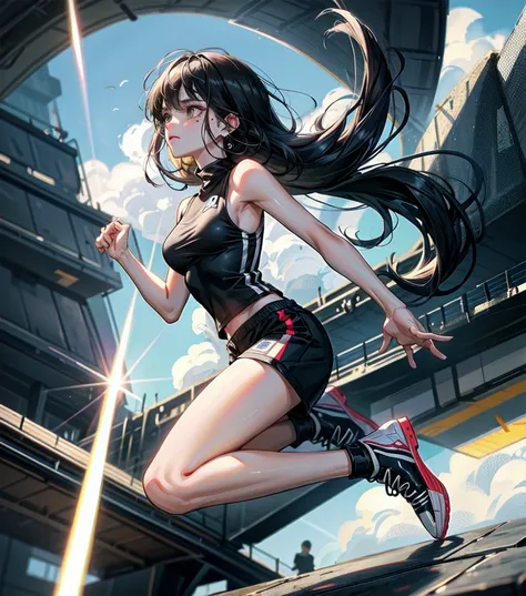 full body, delicate facial features, medium tits, medium hair, black hair, tearful mole, earring, tracksuit, (sleeveless, bare arms), shorts, stadium,