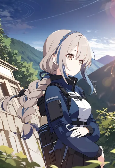 (One Girl,Midnight blue color hair,Hairstyle: braided ponytail, Light brown eyes,Medium chest,Dynamic Angle)Techwear,Black Skirt,The shrine is hidden by the greenery of the mountains in the background.