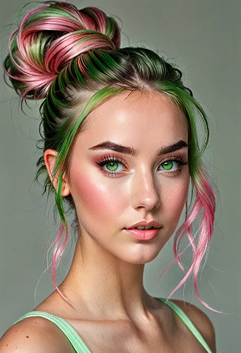 girl, beautiful green eyes, clear skin, soft makeup, long streaked green/pink hair, messy hairbun, realistic soft skin, tight body, photorealistic, realistic