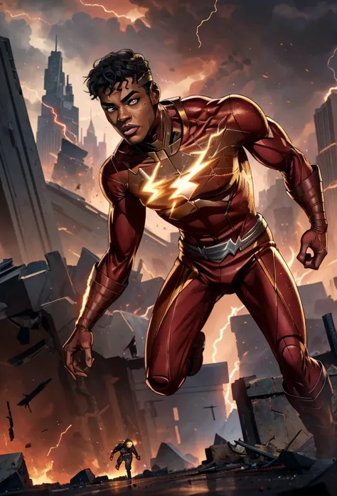 a realistic depiction of a 22-year-old african american barry allen, a.k.a. the flash, running through an apocalyptic world, det...