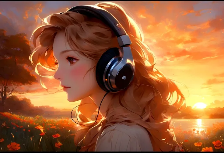 A young woman with headphones, entranced by the stunning sunset before her. She radiates peace and contentment, her eyes reflecting the warm hues of the sky as she basks in the glow of natures beauty. This scene is portrayed in a beautifully detailed anime...