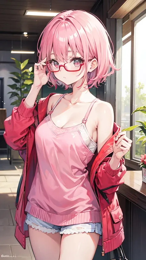 Girl with short pink hair, Wearing a red pair of glasses