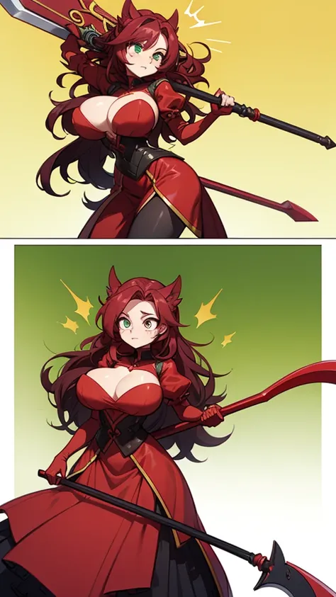 A female character with long curly hair with a Ruby red color. Big breasts and voluminous crimson red dress. Character wielding a scythe. Emerald green eyes.