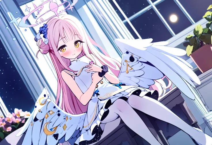 1girl, mika \(blue archive\), solo, scrunchie, wings, pink hair, wrist scrunchie, looking at viewer, flower, dress, hair ornamen...