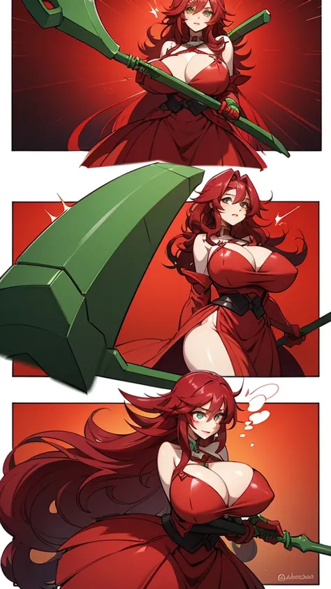 A female character with long curly hair with a Ruby red color. Big breasts and voluminous crimson red dress. Character wielding a scythe. Emerald green eyes.