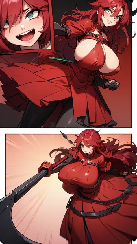 A female character with long curly hair with a Ruby red color. Big breasts and voluminous crimson red dress. Character wielding a scythe. Emerald green eyes.