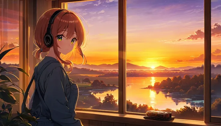 A young woman with headphones, entranced by the stunning sunset before her. She radiates peace and contentment, her eyes reflecting the warm hues of the sky as she basks in the glow of natures beauty. This scene is portrayed in a beautifully detailed anime...