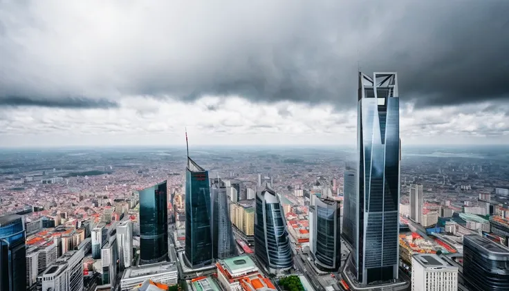 imposing skyscraper stands out in the city center, image captured from above, cloudy sky