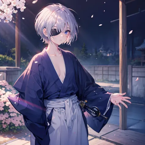 (((1 person　Gray Hair)))　((((Eye patch))))　(((High resolution　short hair　Black kimono)))　((Shoulder　Rin々Funny face　Holding the sheath and preparing the sword))　((Black Band　samurai　Lonely　despair　blue eyes　Pull camera))　((Blue Butterfly　night　Japanese styl...