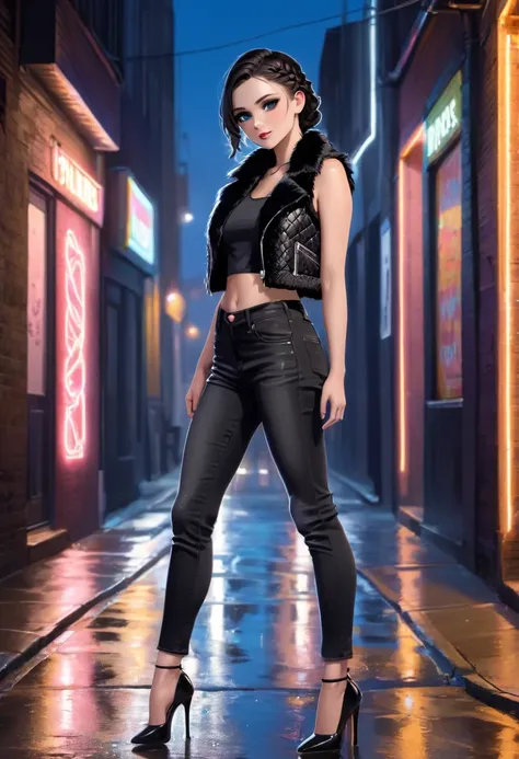 Beautiful girl. Black braided hair. Black jeans. Black sleeveless crop top. Black High heels. Black faux fur jacket. Hazel coloured eyes. Seductive smirk. One hand touching the hip and the other touching the faux fur jacket. One leg crossed infront of the ...