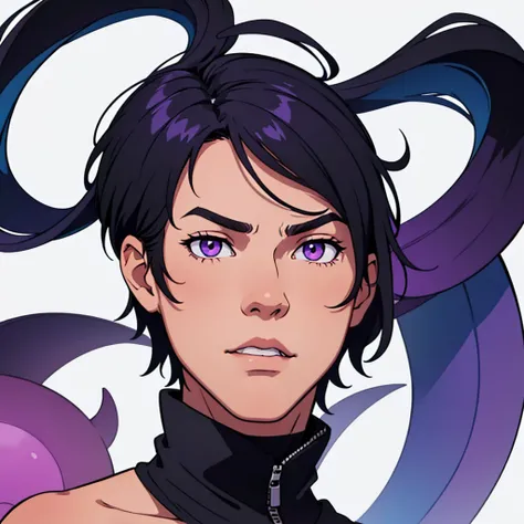 looking straight, looking forward, looking into camera, looking straight, full face visible, full view of face, short black hair, highres, high resolution, masterpiece, wide purple eyes, talking, neutral face, confident, masterpiece, best quality, highres,...