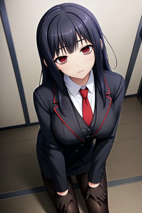 black-hair,bainded-hair,braided hair、long-hair,red-eyes,big-breast,business-suit,black-business-suit,black-pantyhose,mini-skirt,...