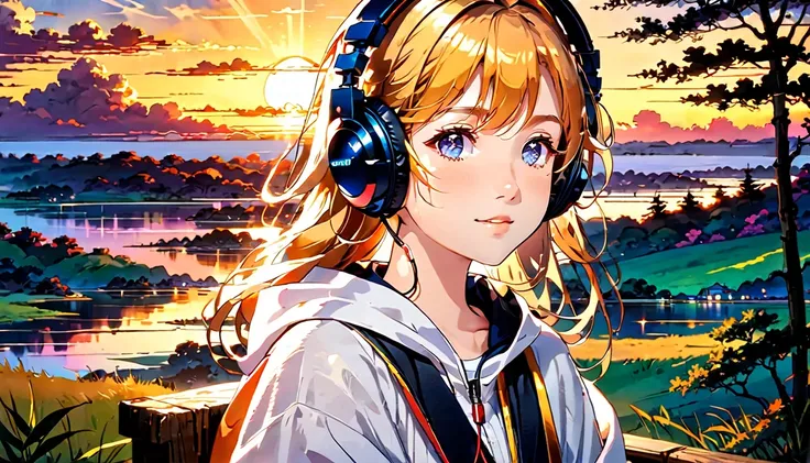 A young woman with headphones, entranced by the stunning sunset before her. She radiates peace and contentment, her eyes reflecting the warm hues of the sky as she basks in the glow of natures beauty. This scene is portrayed in a beautifully detailed anime...