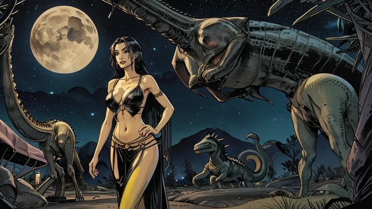 alien landscape with giant monsters, the foreground, a sexy girl with slender hips, slender hips, slender hips,medium breasts, in a long sheer gown cut in slits up to her hips, low cut between her breasts to her navel, long flowing hair, cleavage, brightly...